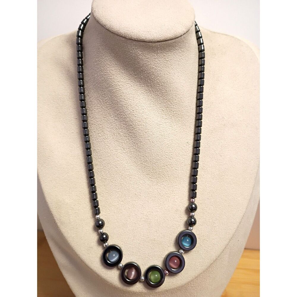 Black Hematite Beaded Necklace featuring Circular Shapes with Floating Colors